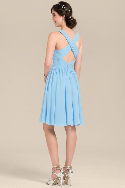 Robe Pastel Bleu Col V Trapèze Mousseline - gallery 3