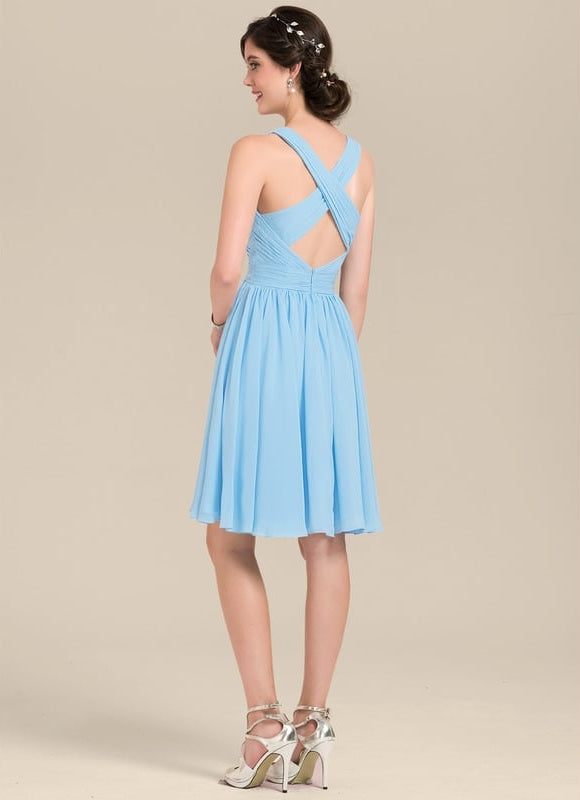 Robe Pastel Bleu Col V Trapèze Mousseline - gallery 3