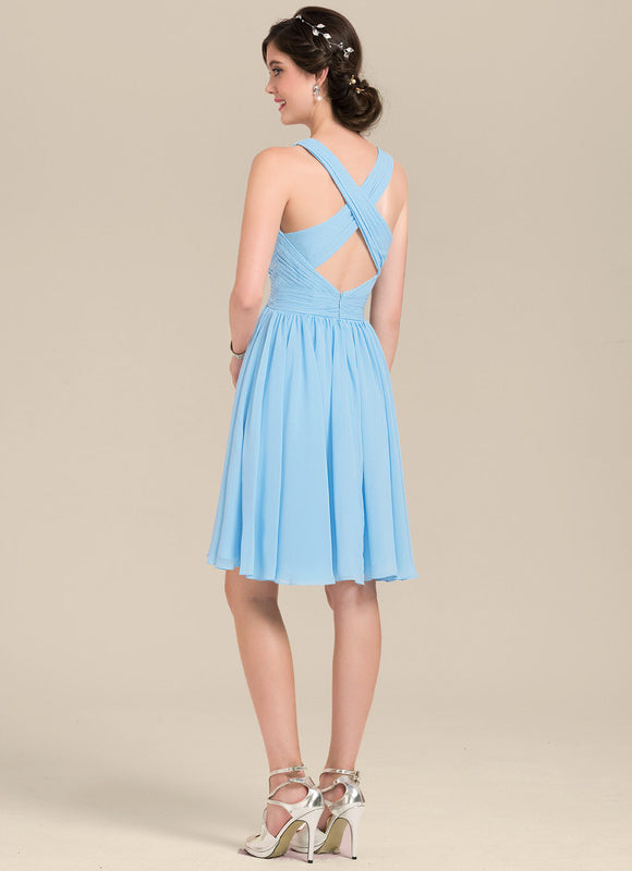 Robe Pastel Bleu Col V Mousseline Volants - gallery 3