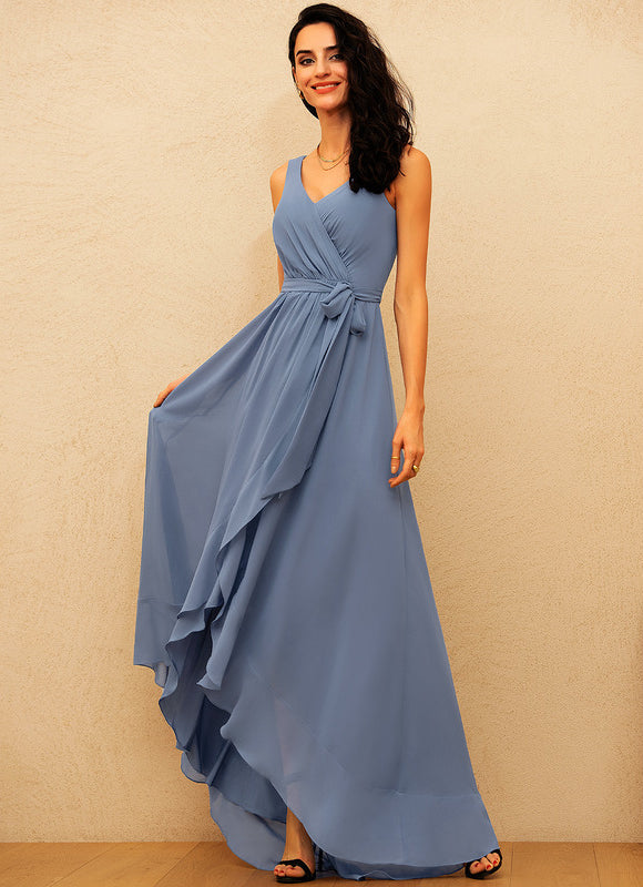 Robe Pastel Bleu Trapèze Col V Asymétrique