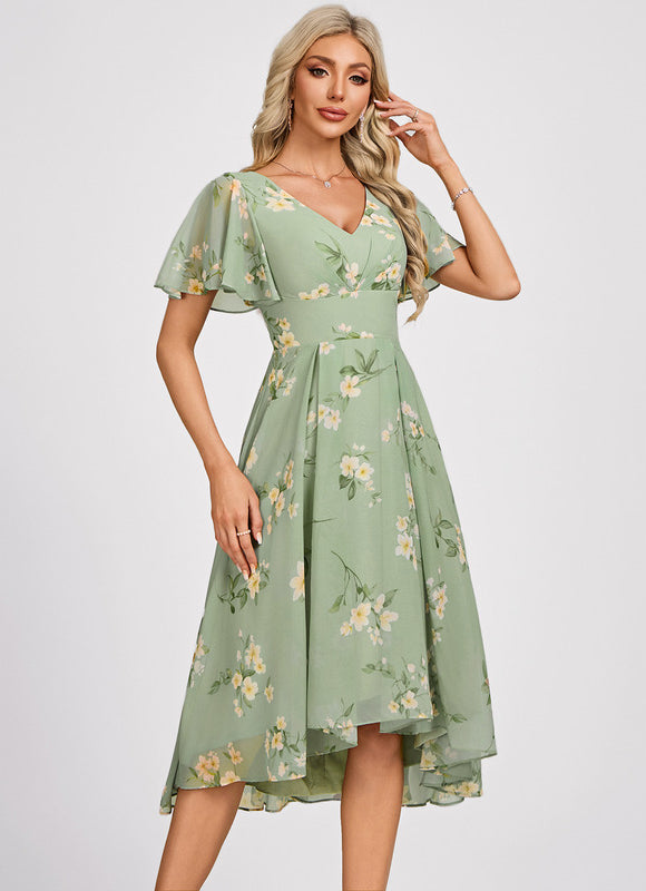 Robe Pastel Bleu Asymétrique Col V Volants - gallery 3