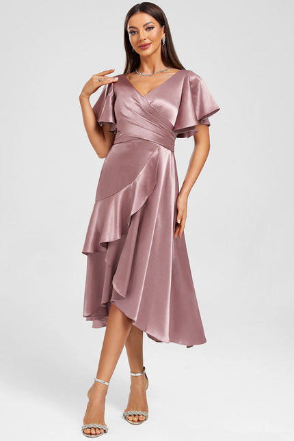 Robe Pastel Rose Satinée À Volants - gallery 2