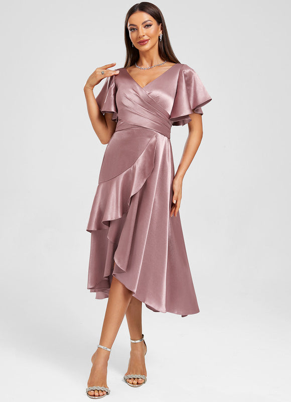 Robe Pastel Rose Satinée À Volants - gallery 2