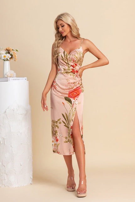 Robe Pastel Rose Fleurie Col V Midi - gallery 3