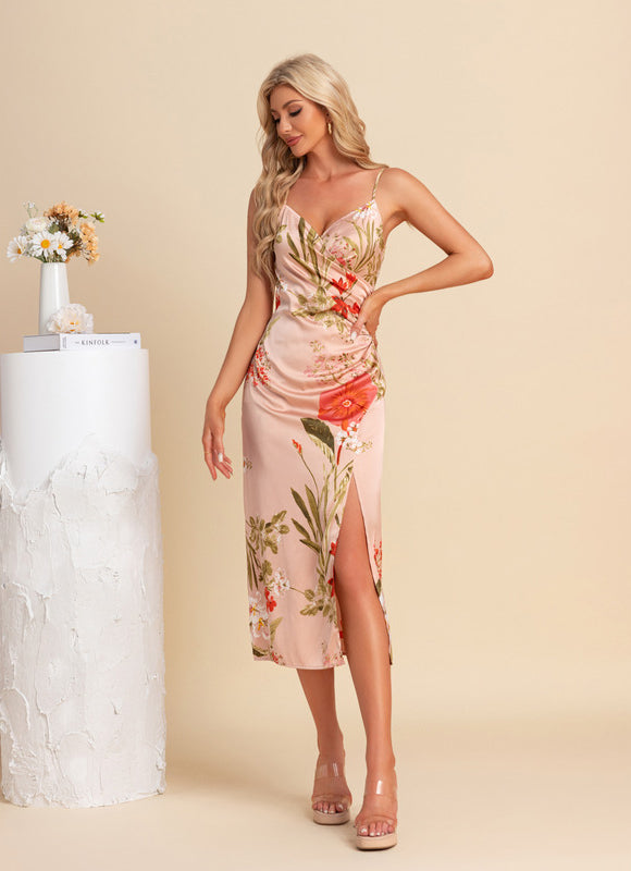 Robe Pastel Rose Fleurie Col V Midi - gallery 3