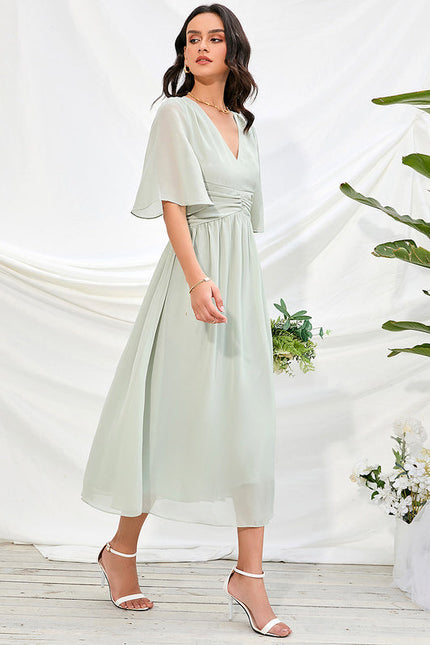 Robe Pastel Rose Col V Trapèze Midi - gallery 3