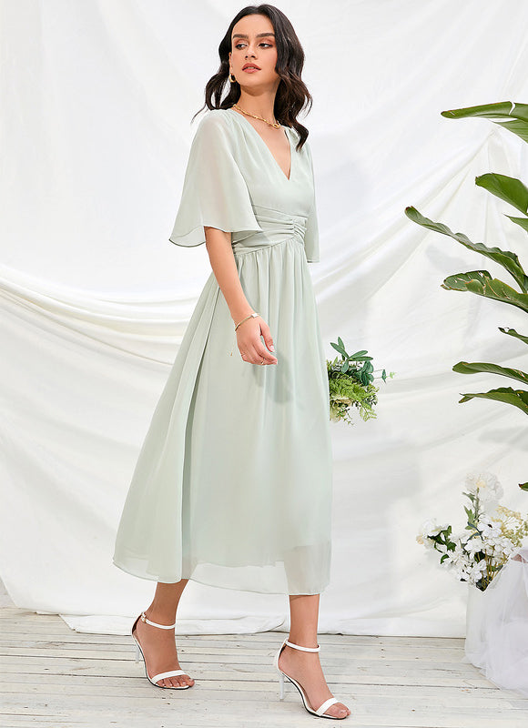 Robe Pastel Rose Col V Trapèze Midi - gallery 3