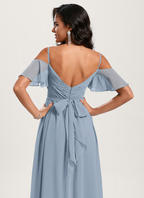 Robe Pastel Bleu Décolleté Épaules Volants - gallery 3