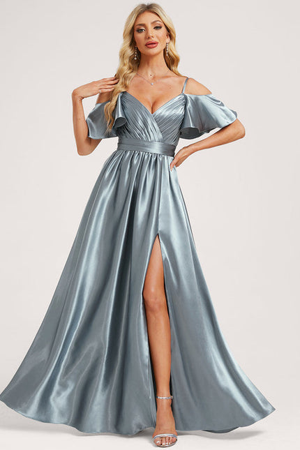 Robe Pastel Satin Bleu Décolleté Épaules - gallery 4