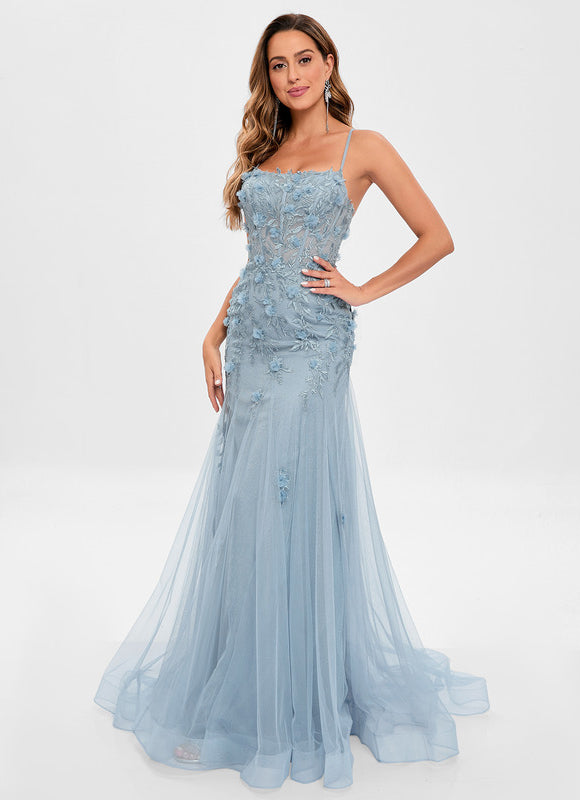 Robe Pastel Bleu Sirène Traîne Tulle - gallery 2