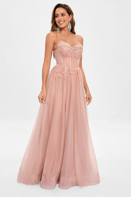 Robe Pastel Rose Col V Tulle Paillettes - gallery 3