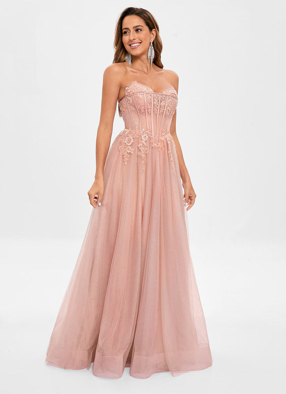 Robe Pastel Rose Col V Tulle Paillettes - gallery 3