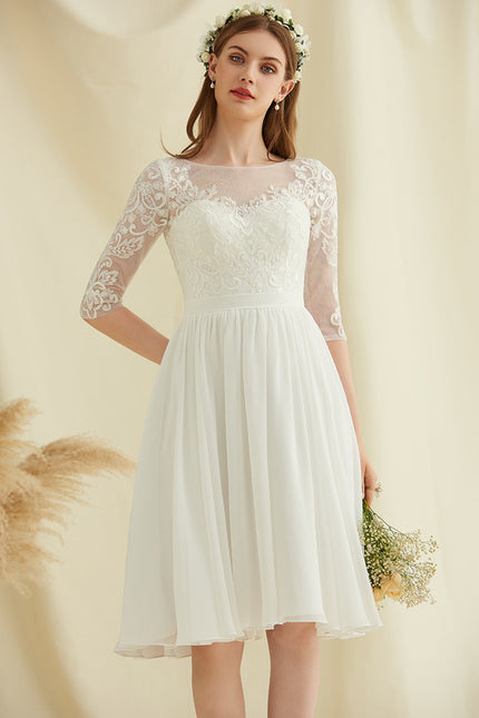 Robe Pastel Blanche Dentelle Mousseline Genou - gallery 2