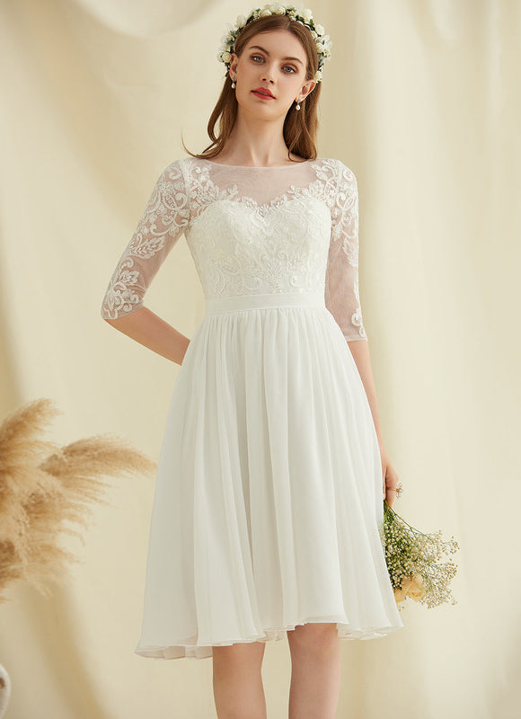 Robe Pastel Blanche Dentelle Mousseline Genou - gallery 2