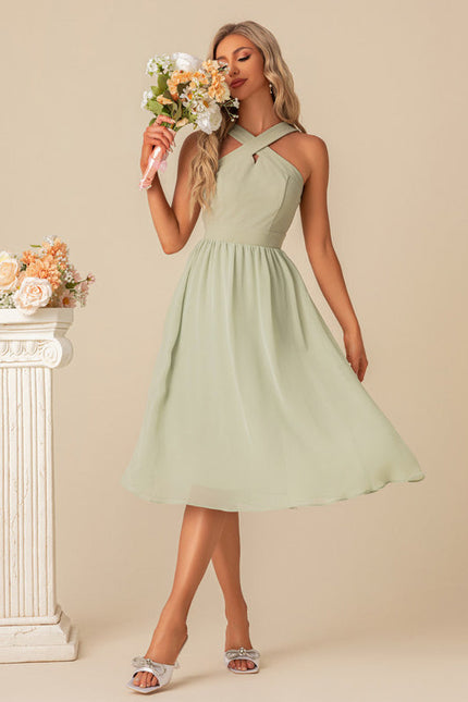 Robe Pastel Verte Mousseline Midi Élégante - gallery 3