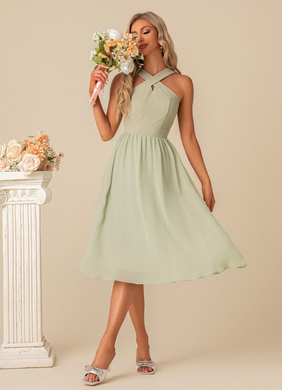 Robe Pastel Verte Mousseline Midi Élégante - gallery 3