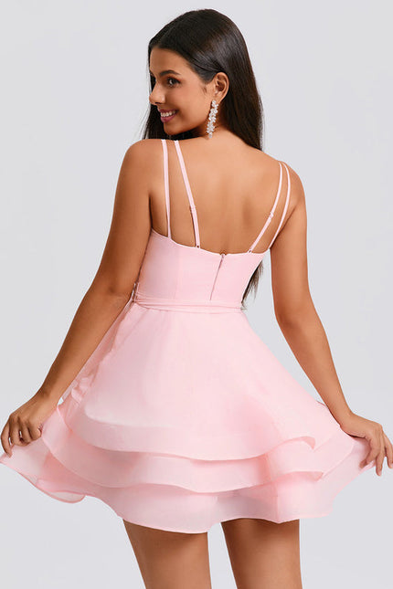Robe Pastel Rose Col Rond Trapèze Plissée - gallery 3