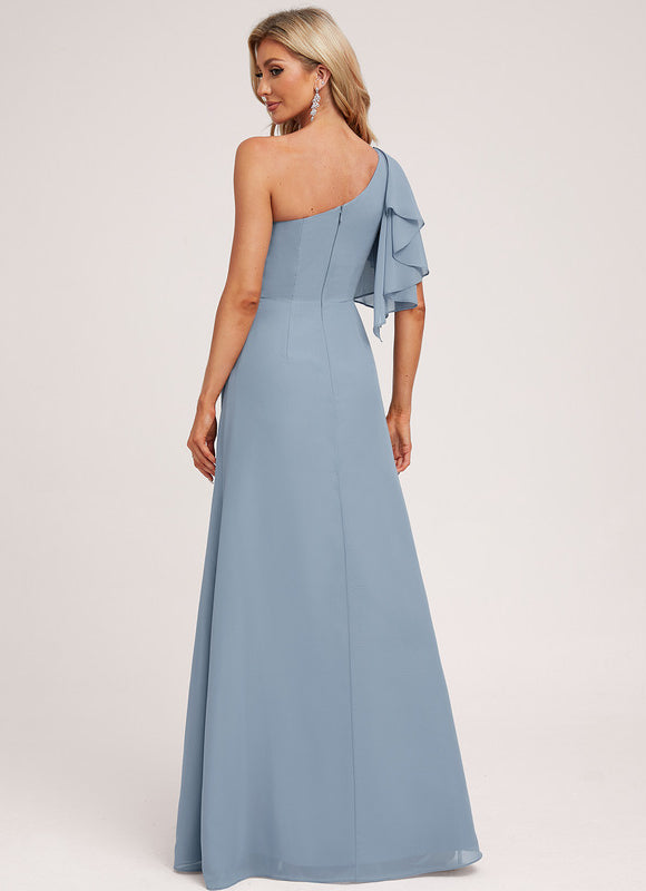 Robe Pastel Bleu Décolleté Asymétrique Longue - gallery 1