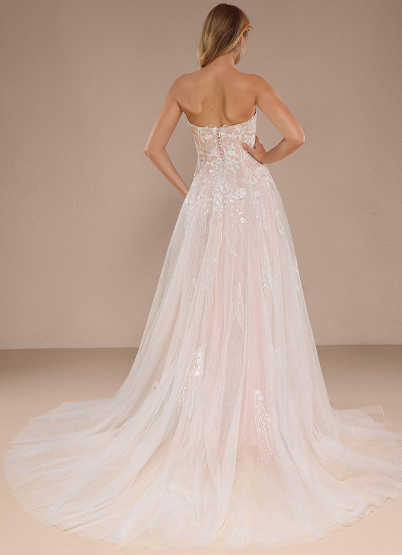 Robe Pastel Rose Épaules Dénudées Traîne Longue - gallery 8