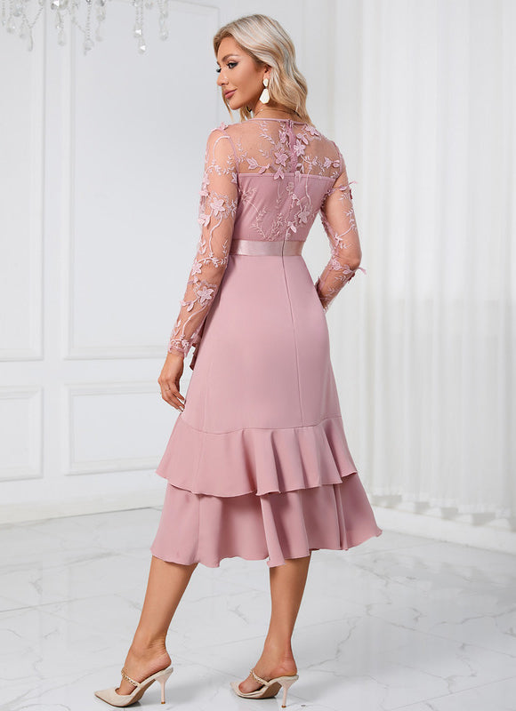 Robe Pastel Rose Fleurs À Volants Midi - gallery 1