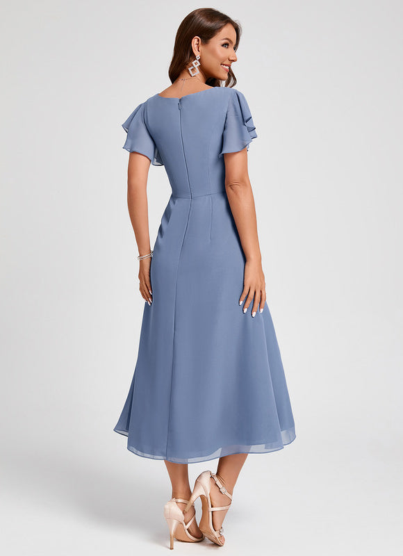 Robe Pastel Bleu Col V Longueur Mollet - gallery 2