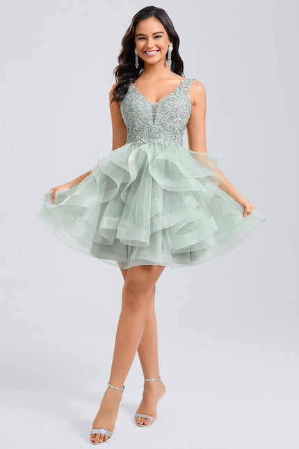 Robe Pastel Verte Col V Tulle Dentelle - gallery 5