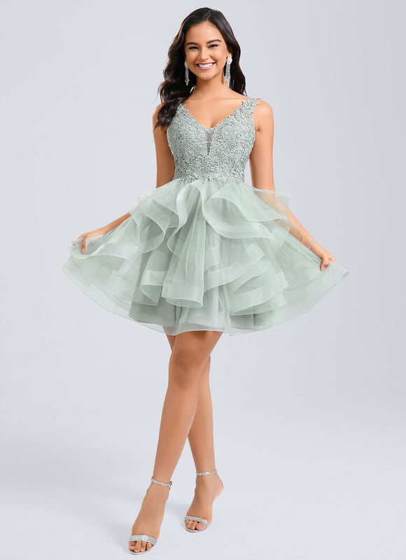 Robe Pastel Verte Col V Tulle Dentelle - gallery 5