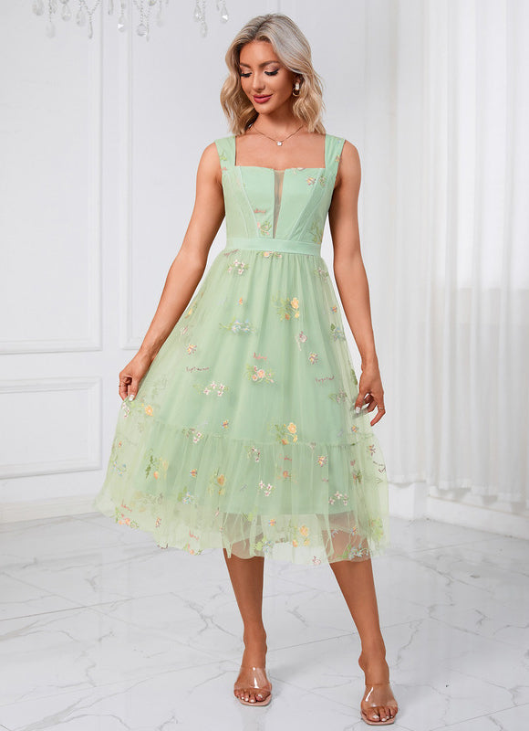 Robe Pastel Verte Col Cœur Tulle Élégante - gallery 3