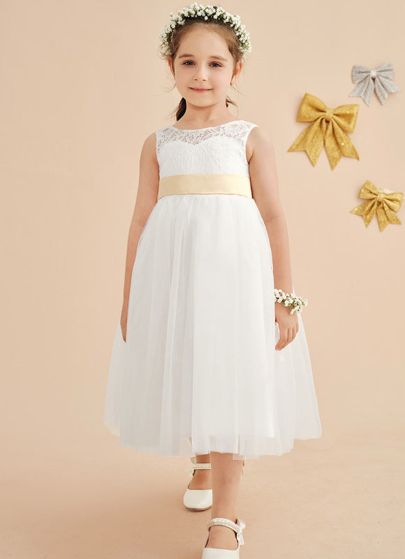 Robe Pastel Blanche Fille Mariage Col Rond - gallery 9
