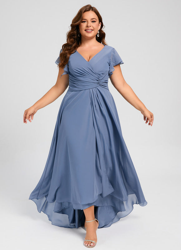 Robe Pastel Bleu Asymétrique Col V Volants - gallery 9