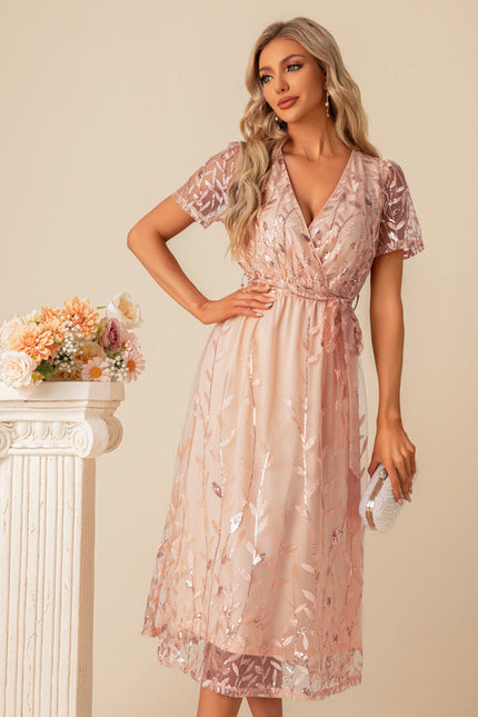 Robe Pastel Rose Pailletée Longueur Mollet - gallery 1