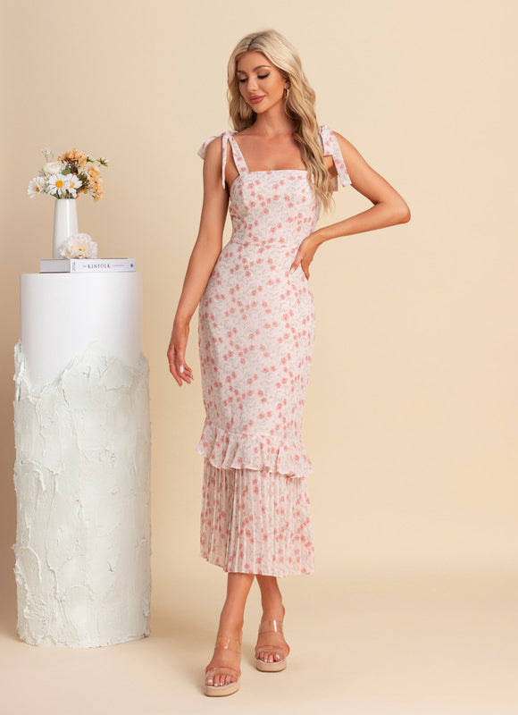 Robe Pastel Rose Fleurie Sirène Midi - gallery 1