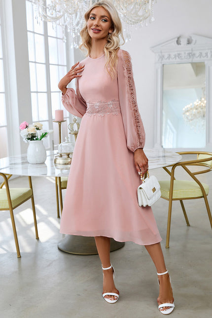 Robe Pastel Rose Col Rond Dentelle Midi - gallery 5