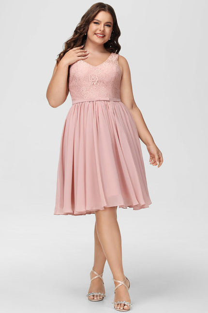 Robe Pastel Rose Col V Dentelle Genou - gallery 7