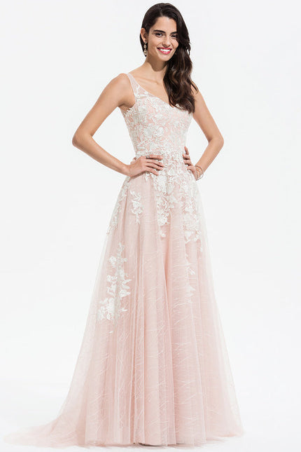Robe Pastel Rose Traîne En Tulle - gallery 3
