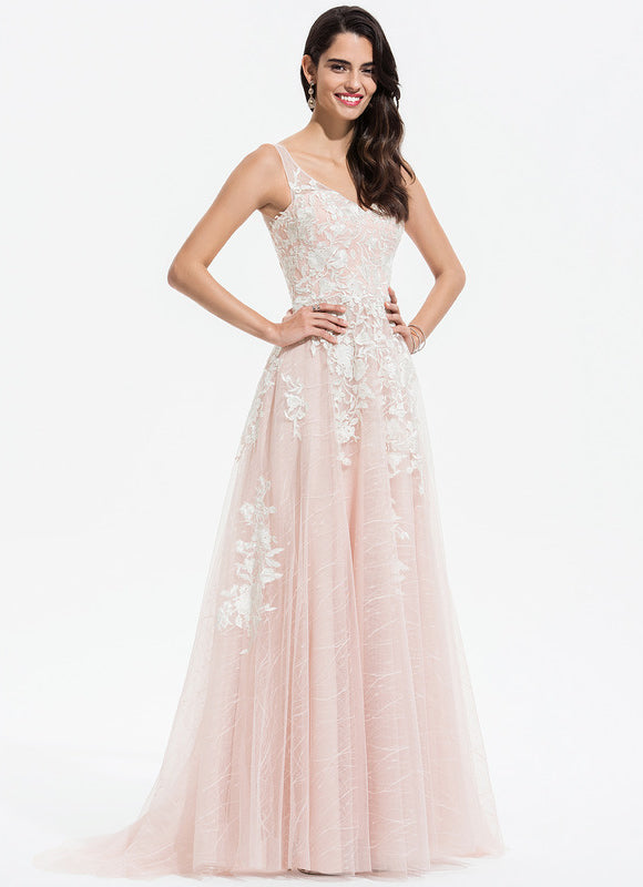 Robe Pastel Rose Traîne En Tulle - gallery 3