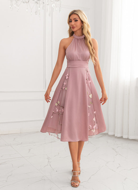 Robe Pastel Rose Trapèze Satin Midi - gallery 4