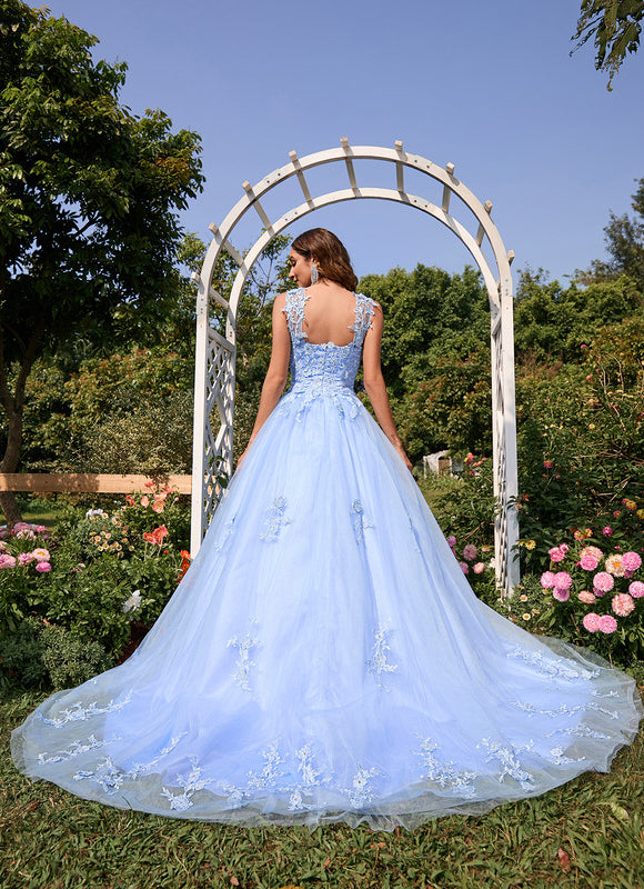 Robe Pastel Bleu Col Cœur Traîne Tulle - gallery 1