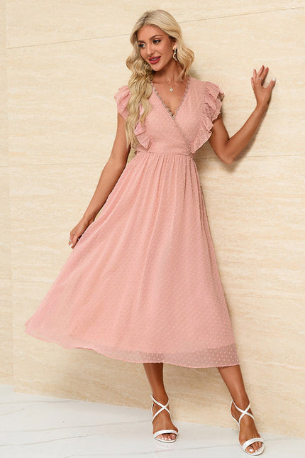 Robe Pastel Rose Col V Trapèze Midi - gallery 4
