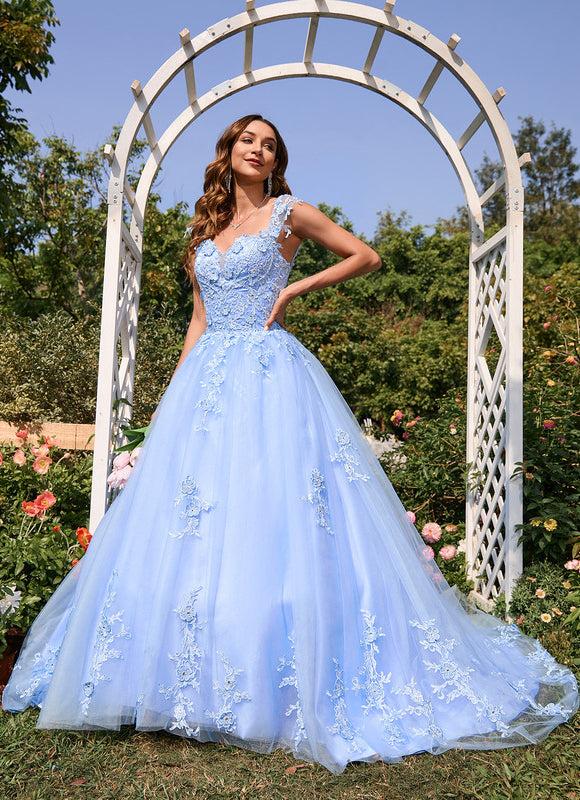 Robe Pastel Bleu Col Cœur Traîne Tulle - gallery 3