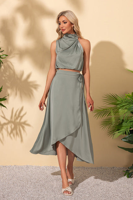 Robe Pastel Rose Satin Col Montant - gallery 1