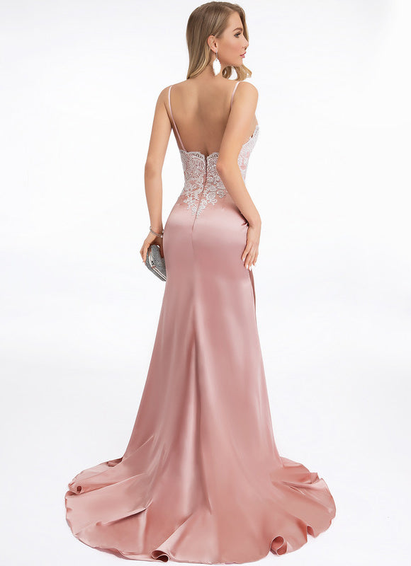 Robe Pastel Rose Sirène Dentelle Satin - gallery 3