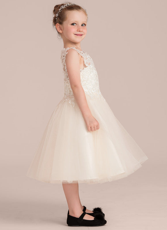 Robe Pastel Crème Dentelle Col Rond Genoux - gallery 6