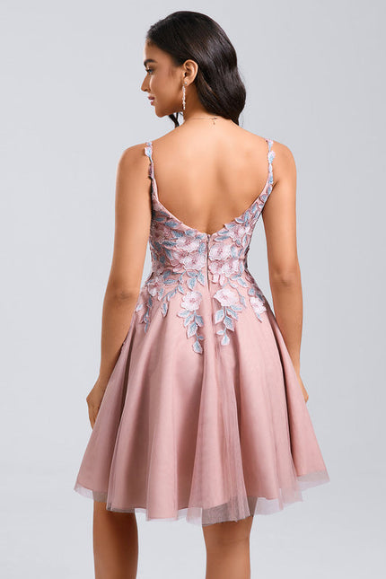 Robe Pastel Rose Col V Tulle Dentelle - gallery 6