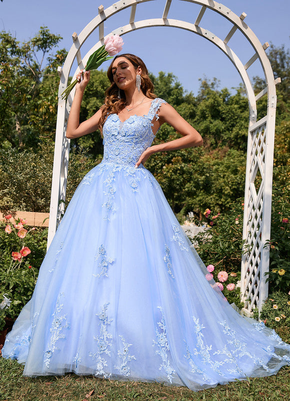 Robe Pastel Bleu Col Cœur Traîne Tulle