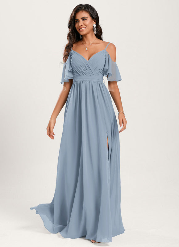 Robe Pastel Bleu Décolleté Épaules Volants - gallery 5