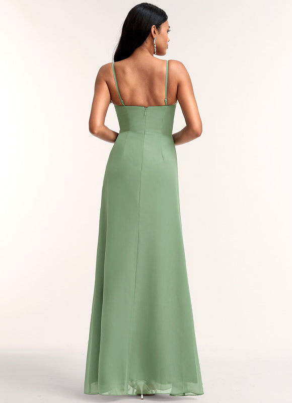 Robe Pastel Verte Décolletée Longueur Sol - gallery 4
