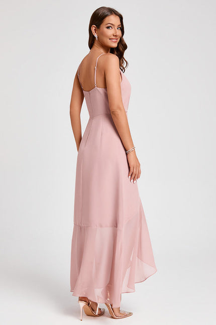Robe Pastel Rose Col V Asymétrique À Volants - gallery 4