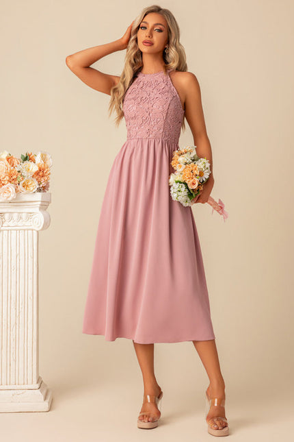Robe Pastel Rose Dentelle Trapèze Midi