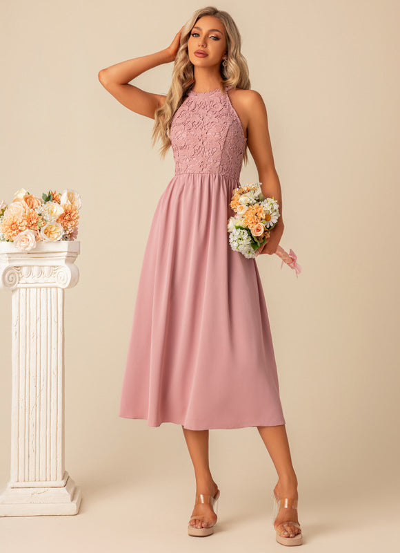 Robe Pastel Rose Dentelle Trapèze Midi